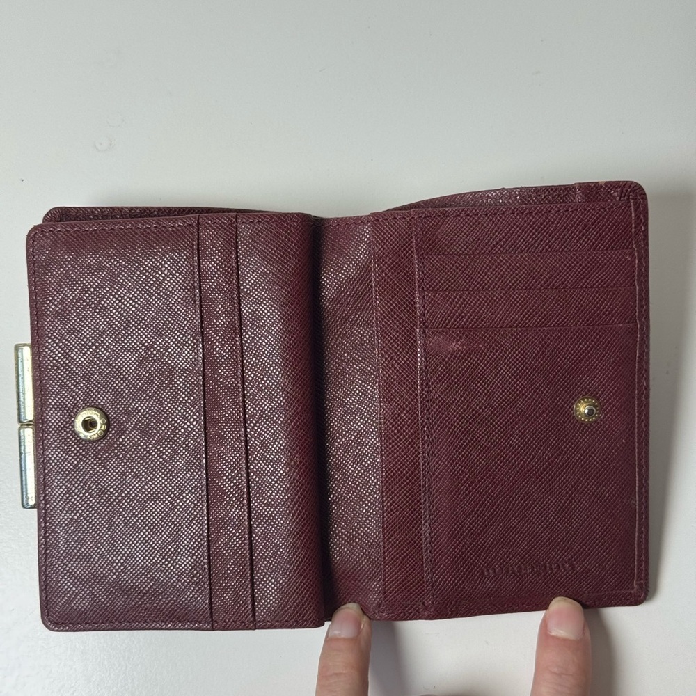 Burberry Women’s Classic Nova Check Burgundy Bi Fold Wallet With Gold Clasp - Picture 9 of 14